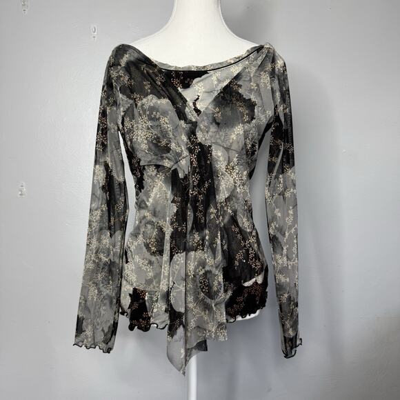 ANAC Designed by Kimi Sheer Floral Blouse Long Sleeve Asymmetrical Hem Size L - Picture 2 of 6